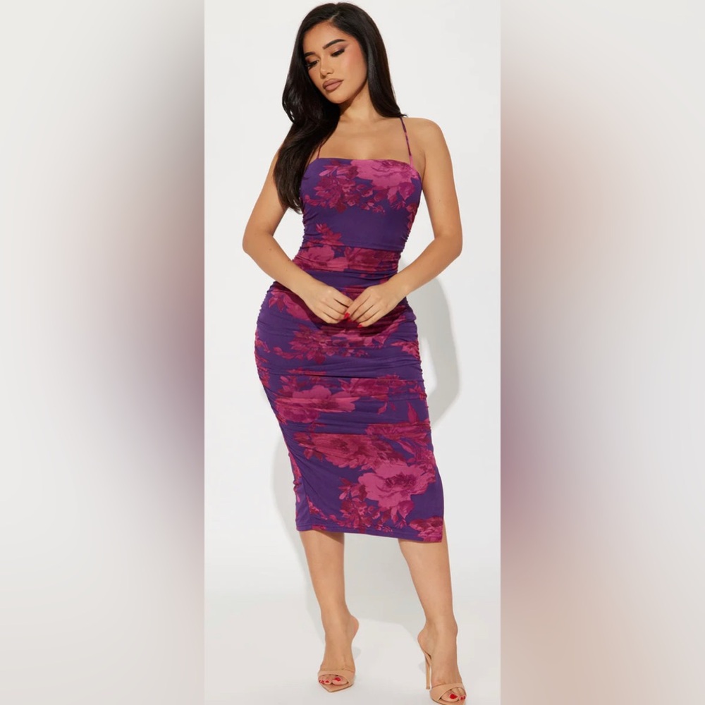 Fashion Nova Megan Ruched Midi Dress - Purple/combo
